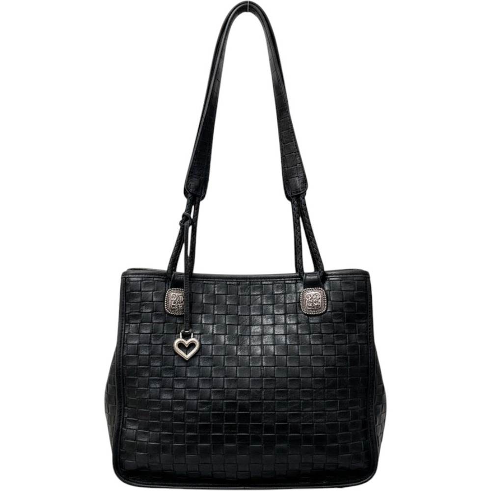Brighton Black Woven Leather Shoulder Bag Tote Silver Heart Charm Medallions
